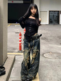 Vevesc Winter Punk Sexy Vintage Ripped Harajuku Loose Jeans Y2K Hollow Out Trashy Pants Women's BaggyTassels Denim Trouser