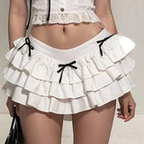 Vevesc Sweet Cool Ruffles Square Collar Bow White Tops Women+ Y2k High Waist Ruched Cake Skirts Summer New Two Piece Sets