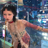 Vevesc Grunge Y2k Vintage Shirt Women Harajuku Japanese Mesh Tops Gothic Print Blouses Retro Streetwear 2000s Shirt Aesthetics