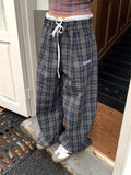 Vevesc  Women Y2K Plaid Pants Vintage American Loose High Waist Wide Leg Trousers Casual Harajuku Oversize Patchwork Bf Retro Pants