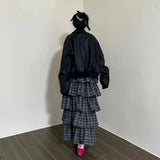 Vevesc Vintage Ruffle Plaid Skirt Women Elegant Sweet Long Skirts Japanese Style Streetwear Fashion Patchwork Layered Skirt