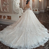 Vevesc Sexy A-line V-neck Bespoke Wedding Dress Italian Exquisite Lace White Tulle Long Sleeve Train Button Bride Dress