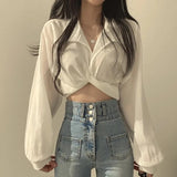 Vevesc Vintage Sexy Streetwear Women Shirt Harajuku Korean Fashion White Long Sleeve Crop Top Summer Back Lace Up Chic Blouse New