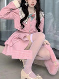 Vevesc Pink French Vintage Two Piece Set Women Japanese Kawaii Bow Sweet Dress Suit Female Autumn Korea Elegant Coat ＋ Cute Strap Dress