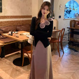 Vevesc Elegant Vintage Rose Long Sleeved Knitted Sweater+ Y2k High Waist Fashion Skirt for Women Autum New Two Piece Sets