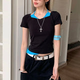 Vevesc  New Summer All Match American Streetwear Y2k Aesthetic Constrast Color Spliced Halter Lrregular Women Clothing Harajuku Tops