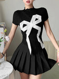 Vevesc Grunge Fairy Contrast Color Bow Streetwear T-shirts 2025 Summer Sweet Vintage Cropped Top Women Y2k Aesthetic Slim Harajuku Tees