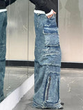 Vevesc American Vintage Multi-Pocket Wide Leg Jeans Women Stylish High Street Straight Leg Loose Jeans Harajuku Style Hip Hop Y2k Pants