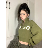 Vevesc Hippie Y2k Green Crop Sweater Women Harajuku Kpop Gyaru Oversize Zip Letter Knit Top Grunge Vintage Jerseys Jumper