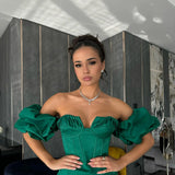 Vevesc Sexy Emerald Green Long Mermaid Evening Dresses With Short Cap Sleeves Eye Catching Formal Dress Long Maxi Gowns