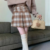 Vevesc Vintage Plaid Wool Skirt Women Preppy Style Sweet Mini Skirts Korean Fashion Autumn Winter Retro Pleated Short Skirts