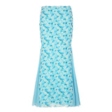 Vevesc  Side Mesh Patchwork Floral Print Mermaid Skirt Holiday Cute Ruched Long Skirts Korean Style Outfits Sweet Bottoms Y2K