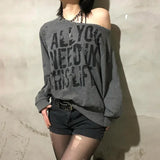 Vevesc Punk American Rivet Nail Off The Shoulder Shirts High Street Letter Print All Match Loose Tops Y2k Aesthetic Vintage Clothes