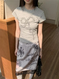 Vevesc  Graffiti Velvet Lace Hem Knee Length Skirt For Woman High Waist A Line Purple Skirt Summer Clothes 2025