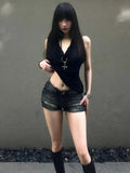 Vevesc American Sexy Backless Design Harajuku High Street Tank Top Y2k Aesthetic Loose Halter Lazy Girl Shirts Summer Commuter Camisole