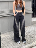 Vevesc Grey High Waist Women Jeans 90S Hip-hop Style Fashion Vintage Streetwear Y2K Wide Leg Jean 2025 Female Trouser Baggy Denim Pants