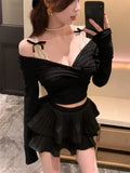 Vevesc Fake Two Pieces Lace Patchwork Shirts Slim Fit Cross Pleated Harajuku Sexy T-shirt Women Y2k Aesthetic Grunge Streetwear Tops