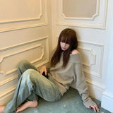 Vevesc Vintage Sexy Off Shoulder Sweater Women Solid Japanese Style Knitwear Y2k Long Sleeve Jumper Slash Neck Causal Harajuku