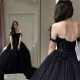 Vevesc Sexy Black Prom Dresses Sweetheart Off The Shoulder A-Line Tulle Lace Applique Backless Vestidos De Gala Evening Gowns For Women