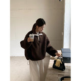Vevesc Streetwear Lamb Wool Hoodies Women Oversized Drawstring Sweatshirt Vintage Korean Loose Casual Buttons Pullovers Tops