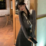 Vevesc Elegant Chic Women Short Tees Slim Fit Striped Long Sleeve Tops Tshirts Y2k Korean Sweet O Neck Edible Tree Fungus