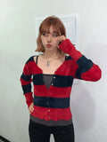 Vevesc Red Black Striped Cardigan Coat Women Waterproof Mink V-neck Knitted Tops Early Autumn Thin Long Sleeeve Sweaters Mujer