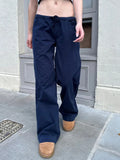 Vevesc  Navy Drawstring Loose Pants Woman Autumn Sexy Low Waist Pockets Fashion Streetwear Straight Long Pant Baggy Vintage Trousers