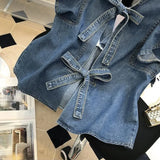 Vevesc  French Chic Y2k Vest Shirts V Neck Sleeveless Ruffles Backless Lace Up Denim Blouses Summer 2000s Harajuku Design Girl Clothing