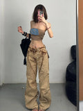 Vevesc American Retro Cargo Pants Oversized Fashion Baggy Wide Leg Spring Summer Women Y2K Grunge Streetwear Style Denim Trouser