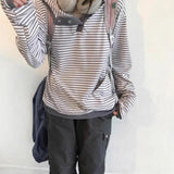 Vevesc  Y2k Aesthetics Vintage Stripe Single Breasted Tshirts Harajuku Hooded Preppy Style T-shirt Streetwear Grunge Casual Loose Tees