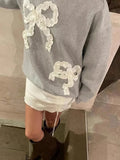 Vevesc Harajuku O Neck Grunge Hoodies Women Y2k Aesthetic Embroidery Bow Kawaii Grunge Sweatshirts Casual Gray Streetwear Tops Moletom