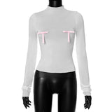 Vevesc Y2k Cute Bows Sheer White Crop Tops Coquette Clothes Aesthetic Ladies T Shirt Long Sleeve Going Out Top