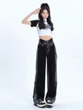 Vevesc Black Women's Jeans Hip-hop Fashion Vintage Streetwear Y2K Wide Leg Straight Jeans High Waist Trouser Baggy Cargo Denim Pants