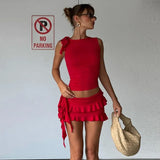 Vevesc Fashion Two Piece Set Crop Top And Mini Skirt Red Tiered Dress Y2k Clothes Sexy Summer Outfits For Women 2024