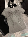 Vevesc Angel Wings Diamond O-neck White T-shirts Summer New Slim Fit Tops Women Y2k E-Girl Short Sleeve All-match Tee Shirt