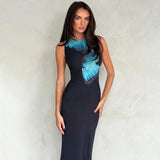 Vevesc Backless Lace Up Butterful Print Maxi Dress For Women O Neck Sleeveless Tank Dresses Femme Fashion Bodycon Sexy Long