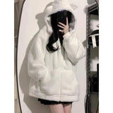 Vevesc  Women Zip Hoodie Thicken Fuzzy Fleece Sweatshirts Harajuku Bear Ear Oversize White Coats Cute Soft Winter Outerwear New