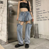 Vevesc Blue Jeans Women Korean Fashion Harajuku Y2k Streetwear High Waist Design Baggy Detachable Shorts Straight Wide Leg Black Pants