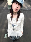 Vevesc Tees Women American Slim Fit Long Sleeve Tshirts Ruched Y2k Camisetas  Waist O Neck Irregular Vintage Print Preppy Style