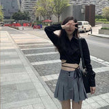 Vevesc Preppy Pleated Mini Skirts Korean High Waist A Line Skirts Student Summer College Sweet Button Slim Casual All Match Skirt