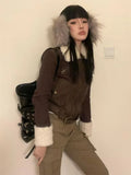 Vevesc Japanese Y2k Fur Coat Women American Retro Brown Knitted Jacket Vintage Korean Style Zipper  Winter 2000s Aesthetics