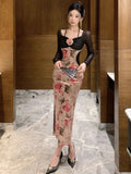 Vevesc  Velvet Evening Dresses Women Sexy Floral Long Sleeve Elegant Slim Patchwork Cocktail Dress Performance Party Ladies