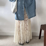 Vevesc Y2k Vintage Floral See-Through Maxi Skirts Aesthetic Clothes Lace Sheer A-Line Skirt Women High Street Beach Vacation Cover-ups