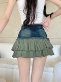 Vevesc Y2k Vintage Denim Skirt Women High Waist A-line Patchwork Korean Fashion Bandage Ruffles Jeans Mini Skirt Summer Grunge