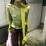 Vevesc Patchwork Knitted Cartoon Print Women T-shirts Vintage Y2k Aesthetic Fairy Tshirts Harajuku Casual Grunge Slim Tees Femme