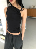 Vevesc Korean Sexy Solid Bandage Pleated Tanks Women Drawstring Vintage Harajuku Crop Top Streetwear Y2k Aesthetic Casual Tank Vests