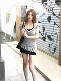 Vevesc Two Peices Set Streetwear Lace Patchwork Print Dress + Black Halter Women Y2k Aesthetic Mini Dresses Harajuku Summer Slim Suit