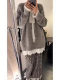 Vevesc Women's Lace-up Grey Pullover Knitted Sweater Harajuku Y2k Long Sleeves V-Neck Sweater Jumper Vintage 2000s Aesthetic Clothes