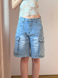 Vevesc Harajuku Vintage High Waist Blue Retro Washed Denim Shorts Women's Fashion Casual Loose Fit Y2K Streetwear Mid Long Short