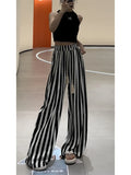 Vevesc Casual Retro Striped Print High Waist Wide Leg Pants Women's Fashion Loose Vintage Soft Full Length Trousers Summer